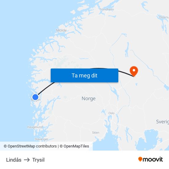 Lindås to Trysil map