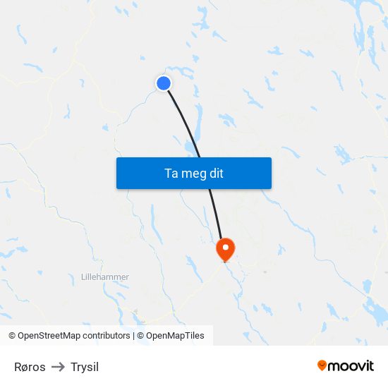 Røros to Trysil map