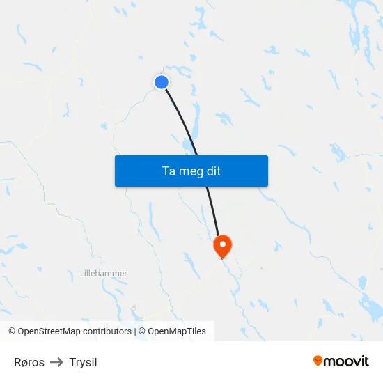 Røros to Trysil map