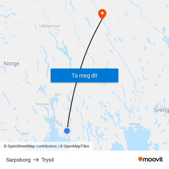 Sarpsborg to Trysil map