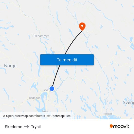 Skedsmo to Trysil map