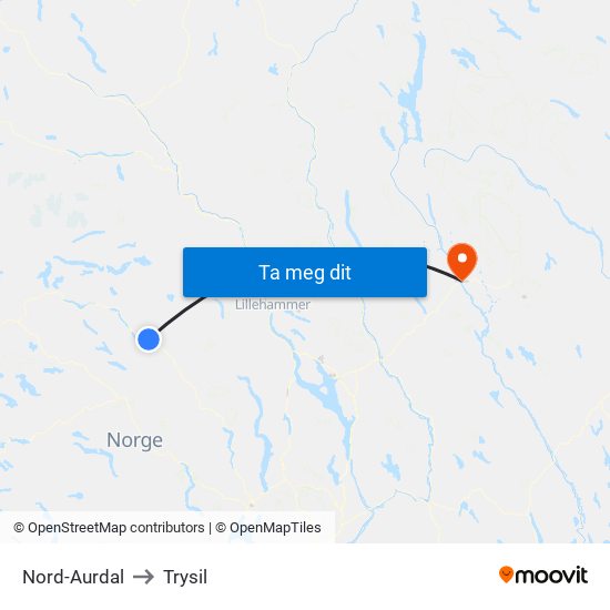 Nord-Aurdal to Trysil map