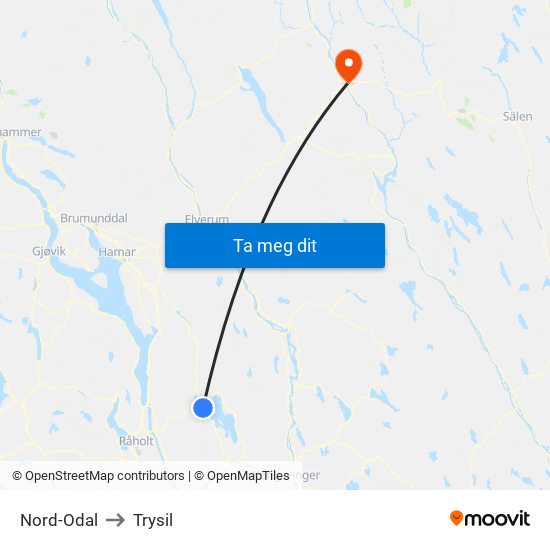 Nord-Odal to Trysil map