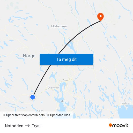 Notodden to Trysil map