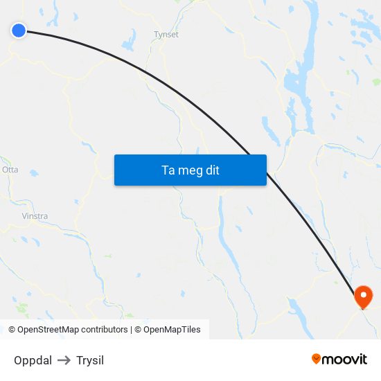 Oppdal to Trysil map