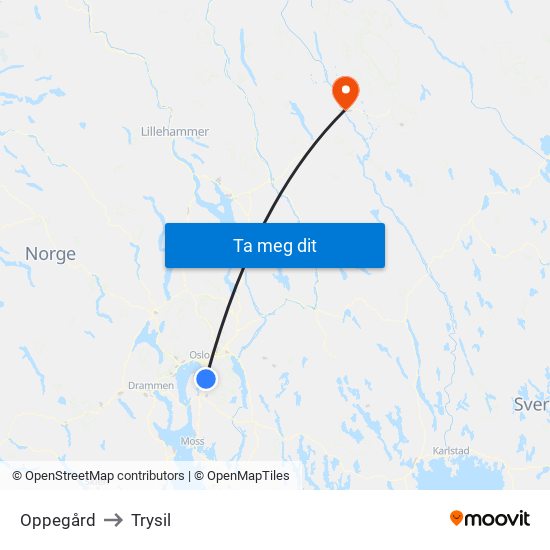 Oppegård to Trysil map