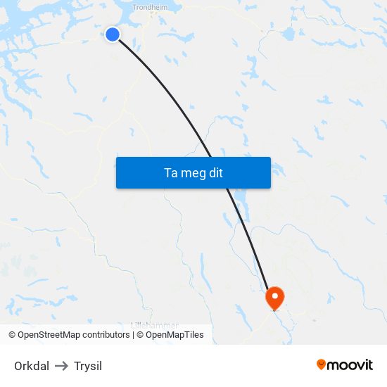 Orkdal to Trysil map
