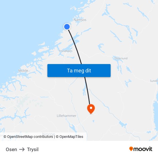 Osen to Trysil map