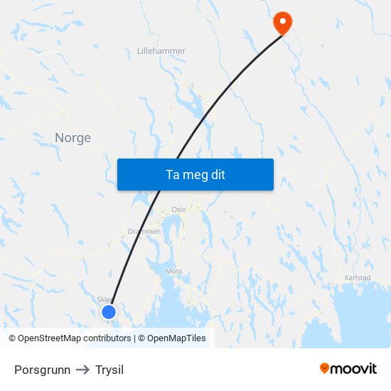 Porsgrunn to Trysil map