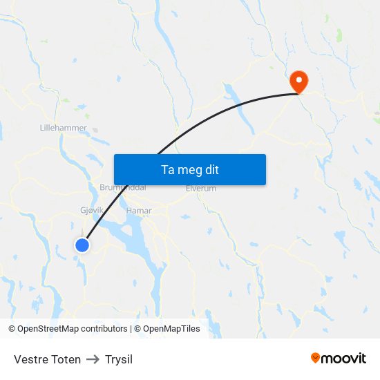 Vestre Toten to Trysil map