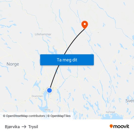 Bjørvika to Trysil map