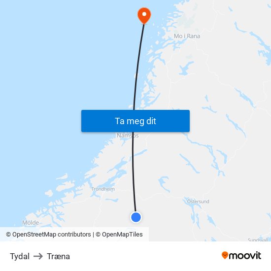 Tydal to Træna map