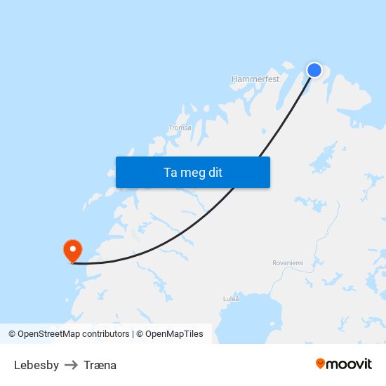 Lebesby to Træna map