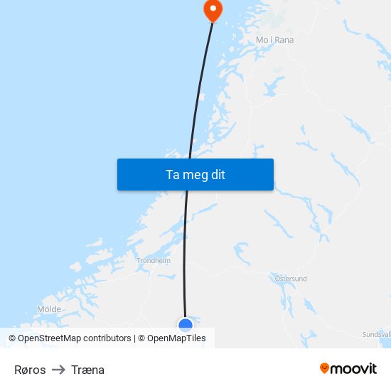 Røros to Træna map