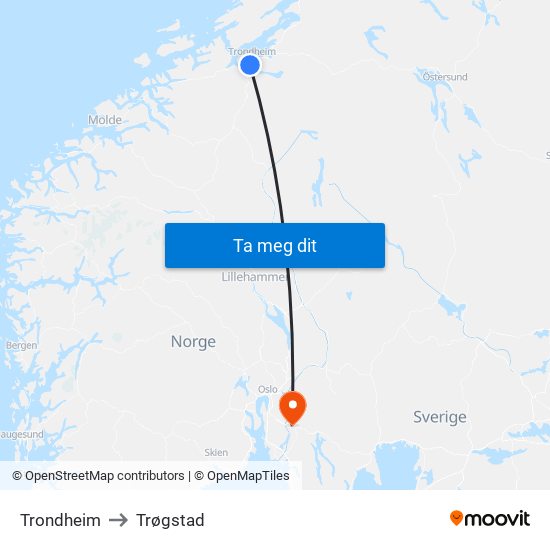 Trondheim to Trøgstad map