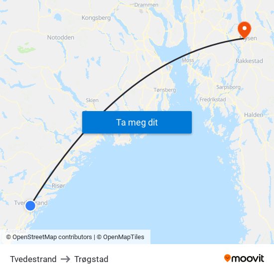 Tvedestrand to Trøgstad map