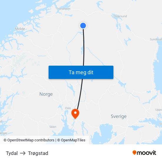 Tydal to Trøgstad map