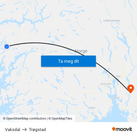 Vaksdal to Trøgstad map