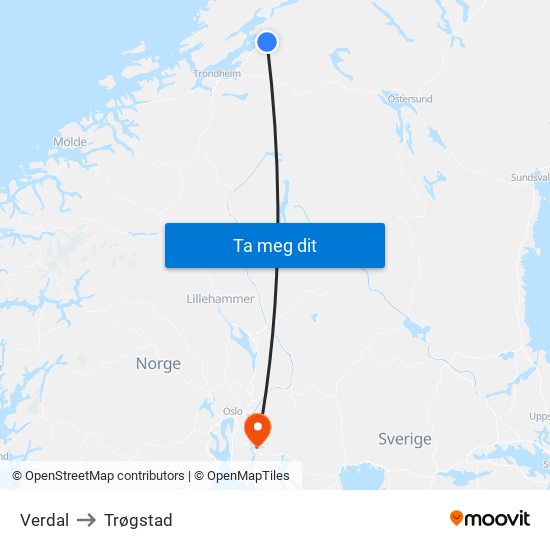 Verdal to Trøgstad map