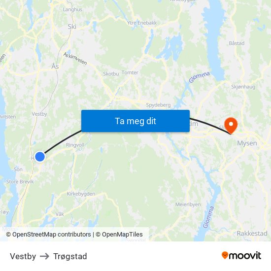 Vestby to Trøgstad map