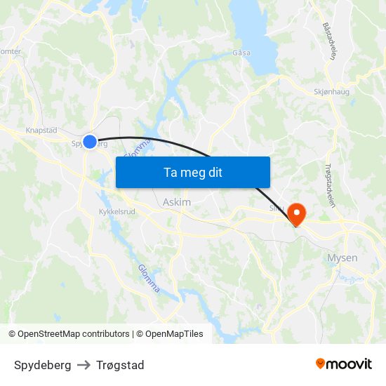 Spydeberg to Trøgstad map
