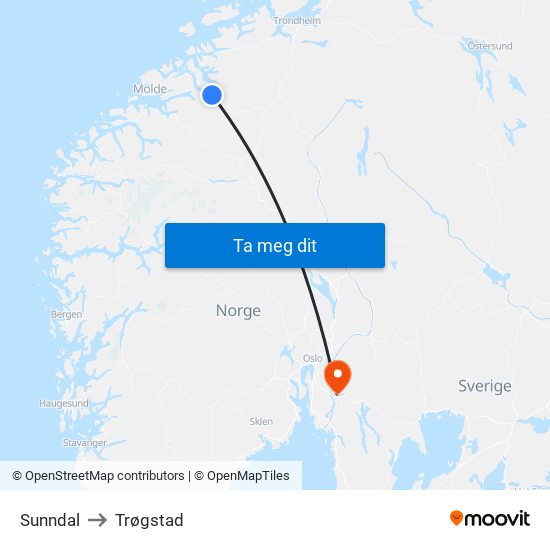 Sunndal to Trøgstad map