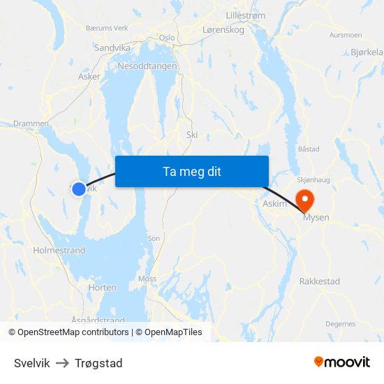 Svelvik to Trøgstad map