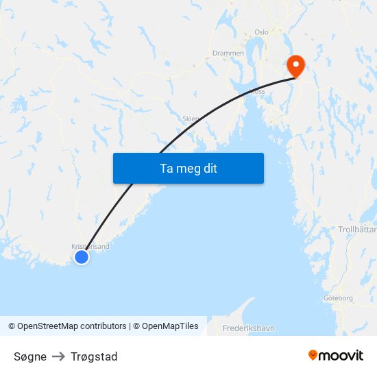 Søgne to Trøgstad map