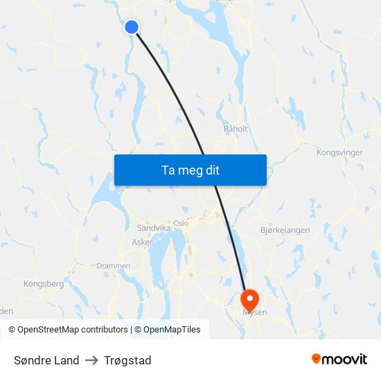 Søndre Land to Trøgstad map