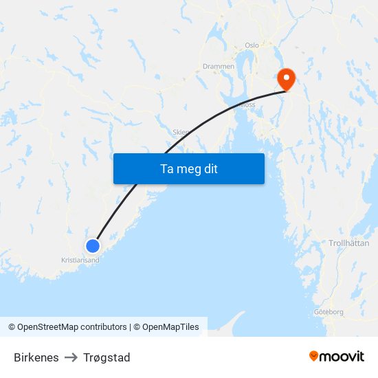 Birkenes to Trøgstad map