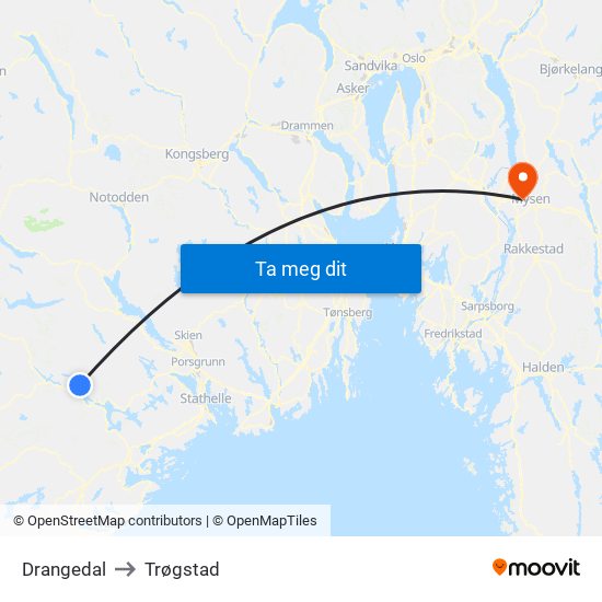 Drangedal to Trøgstad map