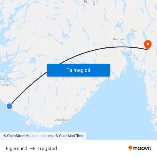 Eigersund to Trøgstad map