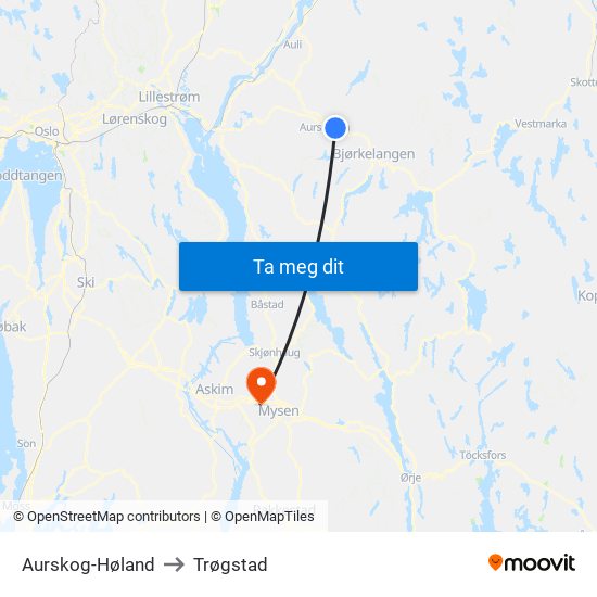 Aurskog-Høland to Trøgstad map