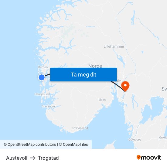 Austevoll to Trøgstad map
