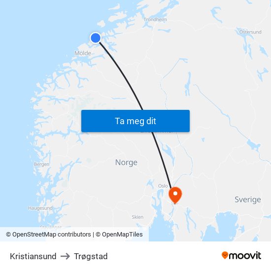 Kristiansund to Trøgstad map