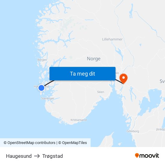 Haugesund to Trøgstad map