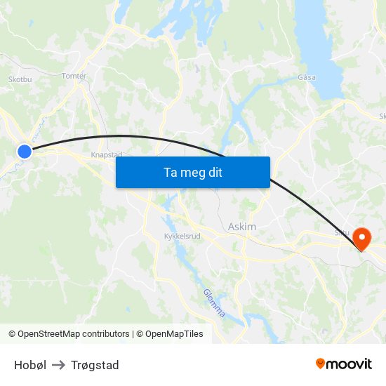 Hobøl to Trøgstad map