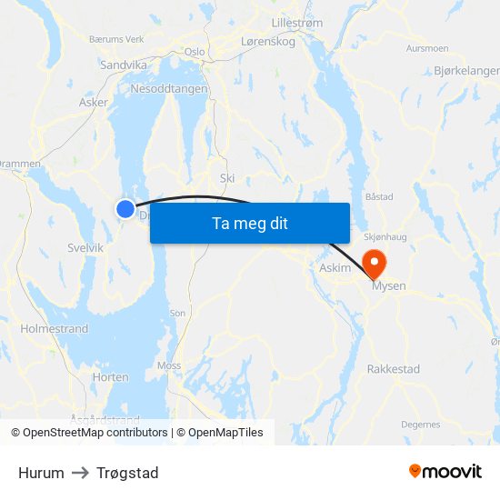 Hurum to Trøgstad map