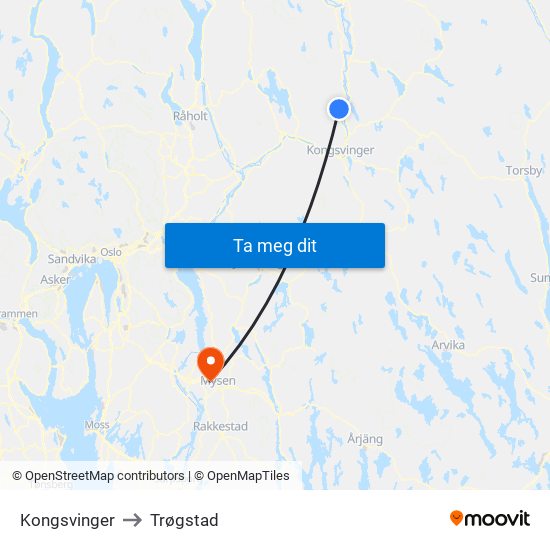 Kongsvinger to Trøgstad map