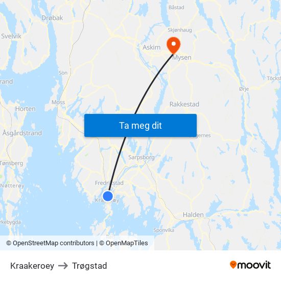 Kraakeroey to Trøgstad map