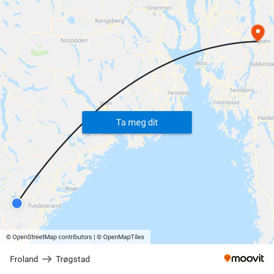 Froland to Trøgstad map