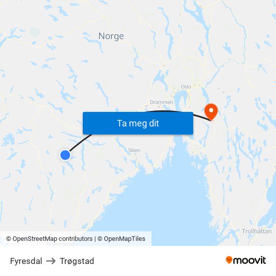 Fyresdal to Trøgstad map