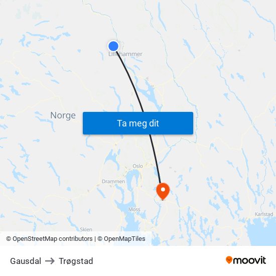 Gausdal to Trøgstad map