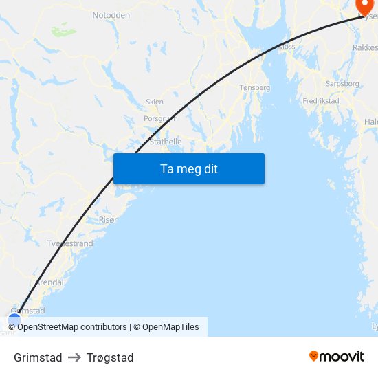 Grimstad to Trøgstad map