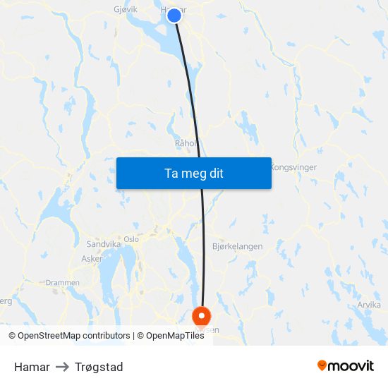 Hamar to Trøgstad map