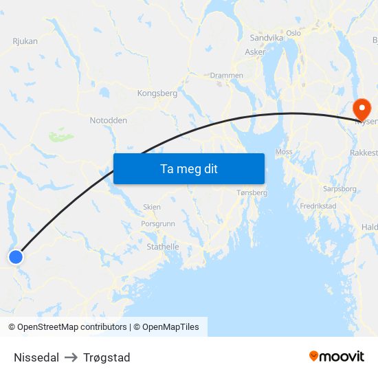 Nissedal to Trøgstad map