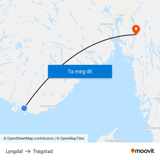 Lyngdal to Trøgstad map