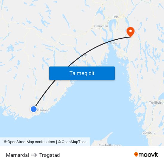 Marnardal to Trøgstad map