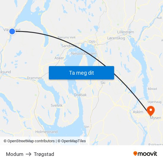 Modum to Trøgstad map