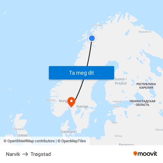 Narvik to Trøgstad map